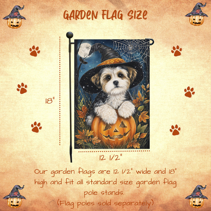 Malti Tzu Halloween Garden Flag 12.5 x 18 Inch Pumpkin Spider Web Bat Witch Hat Outdoor Dog Yard Banner for Fall Harvest Farmhouse Decor