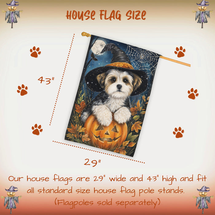 Malti Tzu Halloween Witch Hat House Flag 28 x 40 Inch Double Sided Pumpkin Bat Spider Web Outdoor Porch Banner for Fall Harvest Decoration