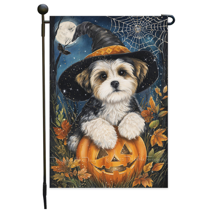 Malti Tzu Halloween Garden Flag 12.5 x 18 Inch Pumpkin Spider Web Bat Witch Hat Outdoor Dog Yard Banner for Fall Harvest Farmhouse Decor