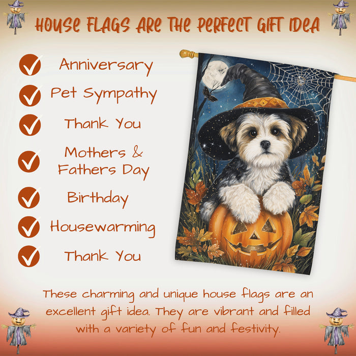 Malti Tzu Halloween Witch Hat House Flag 28 x 40 Inch Double Sided Pumpkin Bat Spider Web Outdoor Porch Banner for Fall Harvest Decoration