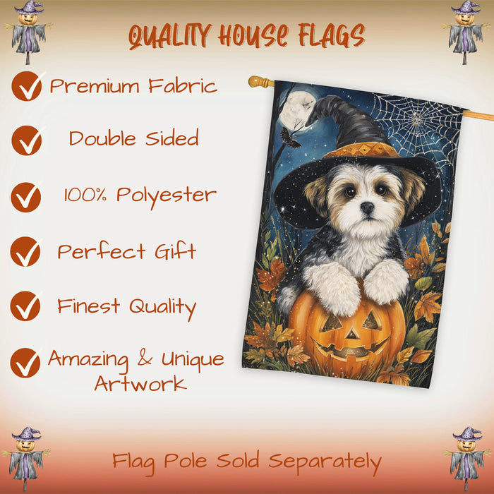 Malti Tzu Halloween Witch Hat House Flag 28 x 40 Inch Double Sided Pumpkin Bat Spider Web Outdoor Porch Banner for Fall Harvest Decoration