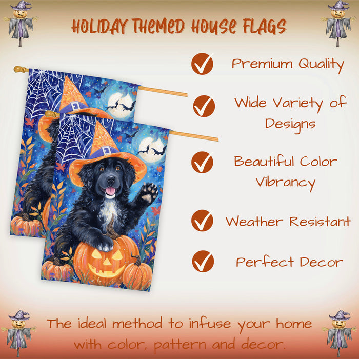 Newfoundland Dog Pumpkin Jack O Lantern House Flag 28 x 40 Inch Double Sided Fall Harvest Porch Banner Outdoor Halloween Home Decoration