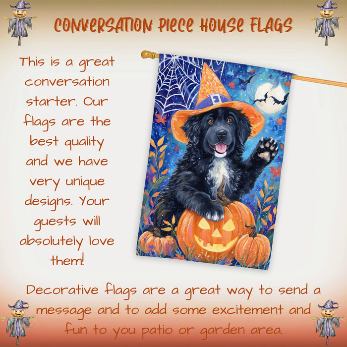 Newfoundland Dog Pumpkin Jack O Lantern House Flag 28 x 40 Inch Double Sided Fall Harvest Porch Banner Outdoor Halloween Home Decoration