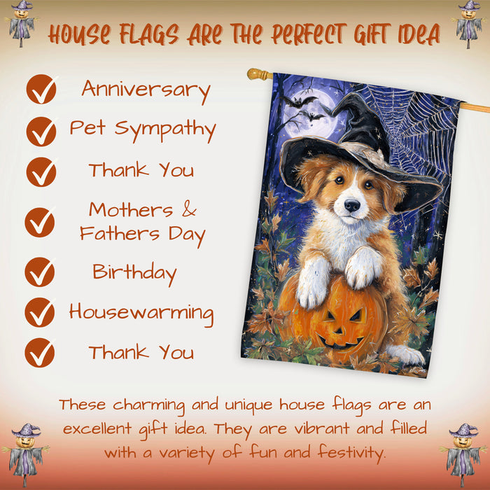 Nova Scotia Duck Tolling Retriever Halloween Witch Hat House Flag 28 x 40 Inch Double Sided Pumpkin Autumn Porch Banner Outdoor Home Decoration