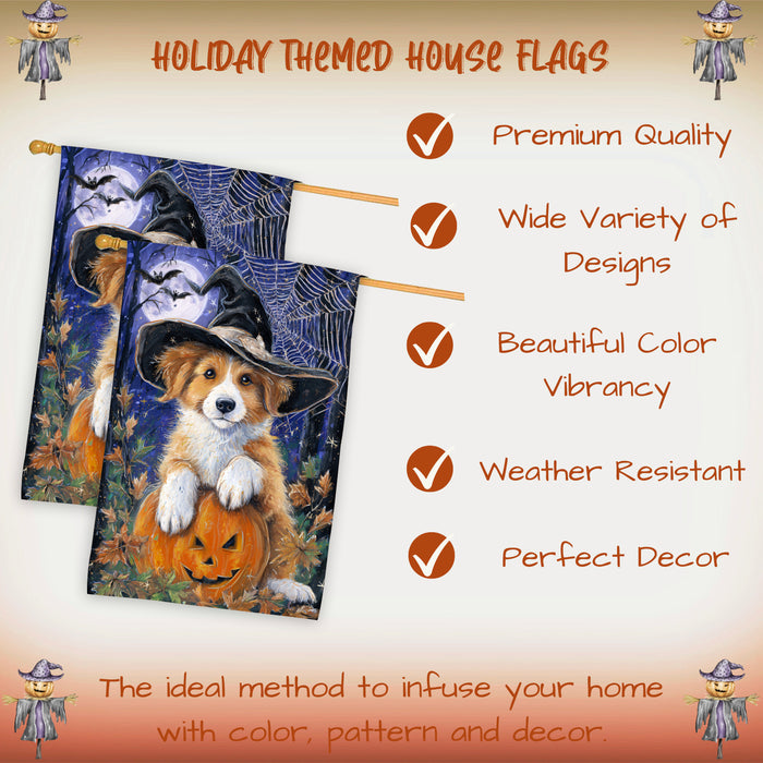 Nova Scotia Duck Tolling Retriever Halloween Witch Hat House Flag 28 x 40 Inch Double Sided Pumpkin Autumn Porch Banner Outdoor Home Decoration