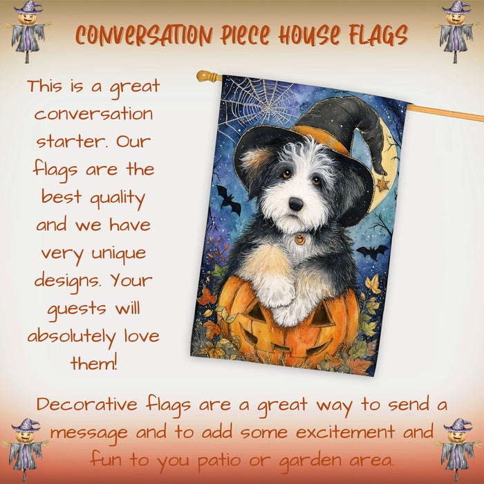 Old English Sheepdog Halloween Witch Hat House Flag 28 x 40 Inch Double Sided Pumpkin Porch Banner for Autumn Home Outdoor Decoration