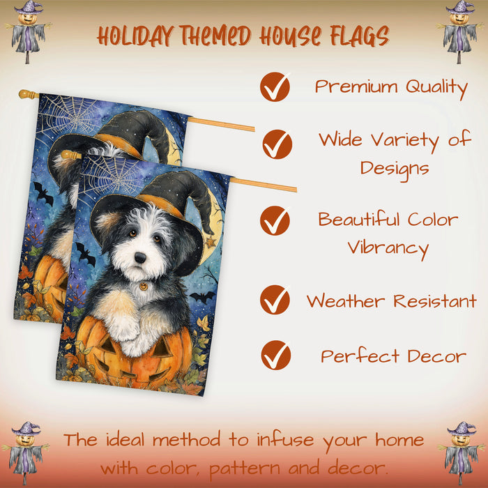 Old English Sheepdog Halloween Witch Hat House Flag 28 x 40 Inch Double Sided Pumpkin Porch Banner for Autumn Home Outdoor Decoration