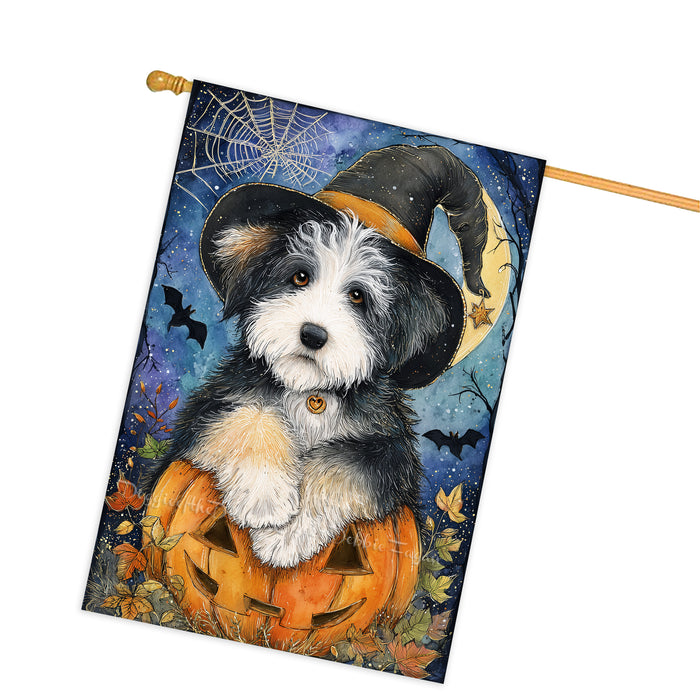 Old English Sheepdog Halloween Witch Hat House Flag 28 x 40 Inch Double Sided Pumpkin Porch Banner for Autumn Home Outdoor Decoration