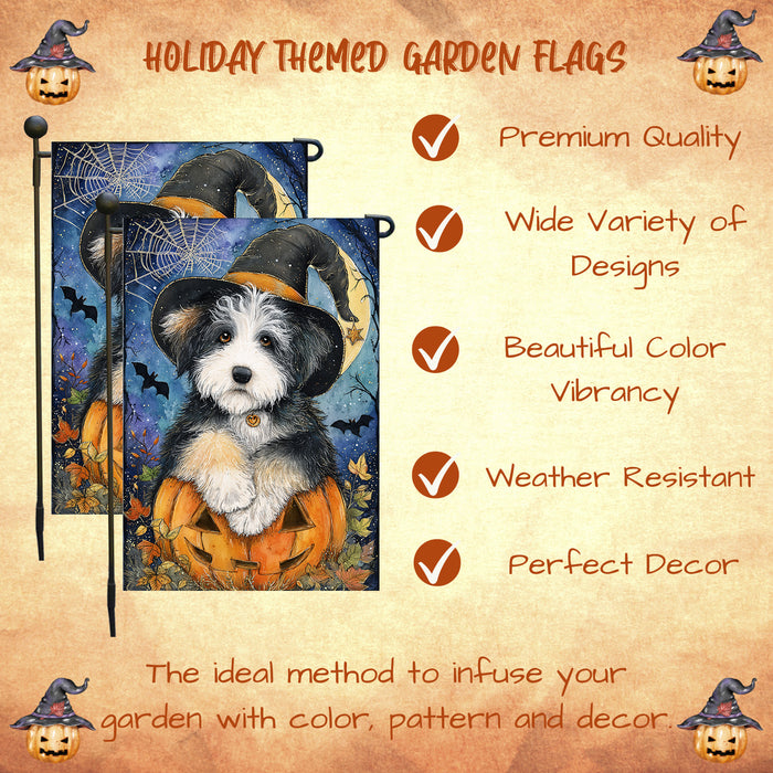 Old English Sheepdog Halloween Garden Flag 12.5 x 18 Inch Witch Hat Pumpkin Outdoor Yard Banner for Fall Lawn Holiday Decoration