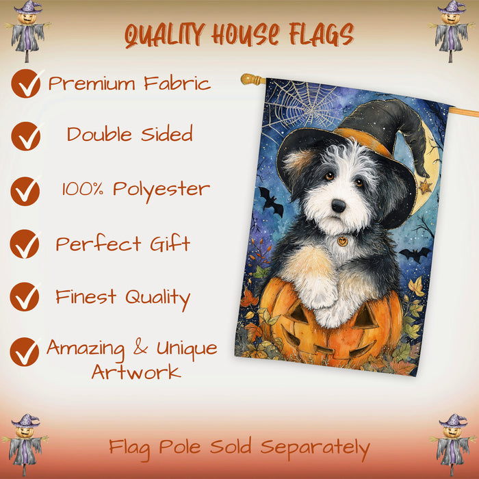 Old English Sheepdog Halloween Witch Hat House Flag 28 x 40 Inch Double Sided Pumpkin Porch Banner for Autumn Home Outdoor Decoration