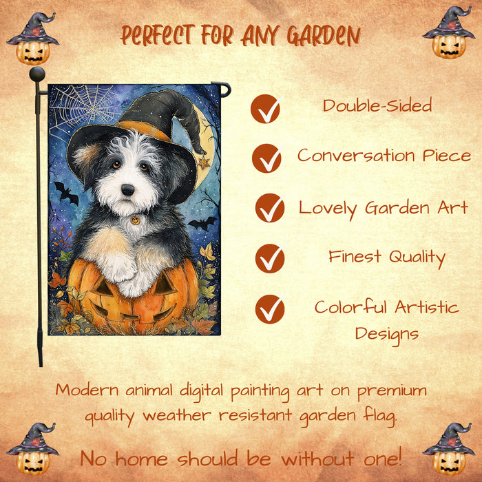 Old English Sheepdog Halloween Garden Flag 12.5 x 18 Inch Witch Hat Pumpkin Outdoor Yard Banner for Fall Lawn Holiday Decoration