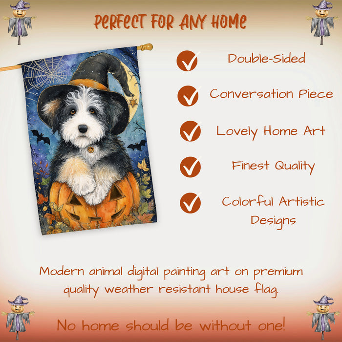 Old English Sheepdog Halloween Witch Hat House Flag 28 x 40 Inch Double Sided Pumpkin Porch Banner for Autumn Home Outdoor Decoration