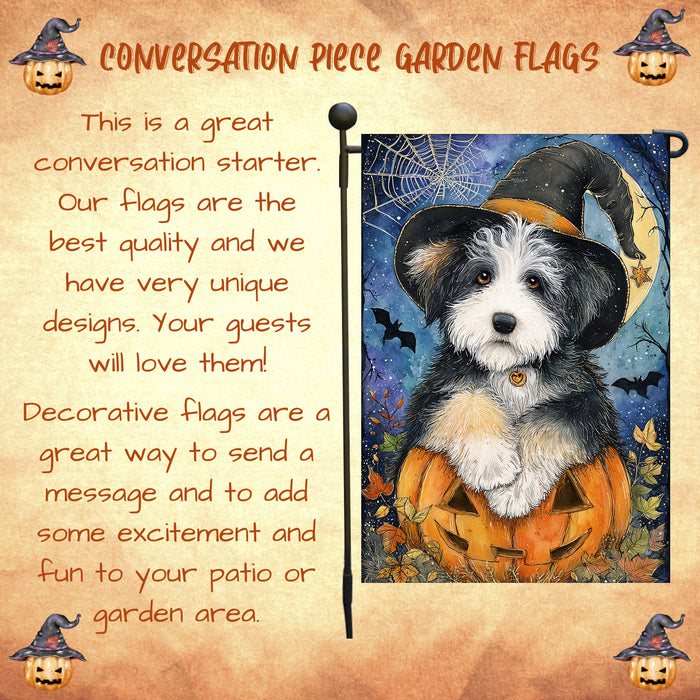 Old English Sheepdog Halloween Garden Flag 12.5 x 18 Inch Witch Hat Pumpkin Outdoor Yard Banner for Fall Lawn Holiday Decoration