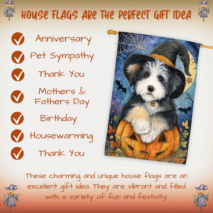 Old English Sheepdog Halloween Witch Hat House Flag 28 x 40 Inch Double Sided Pumpkin Porch Banner for Autumn Home Outdoor Decoration