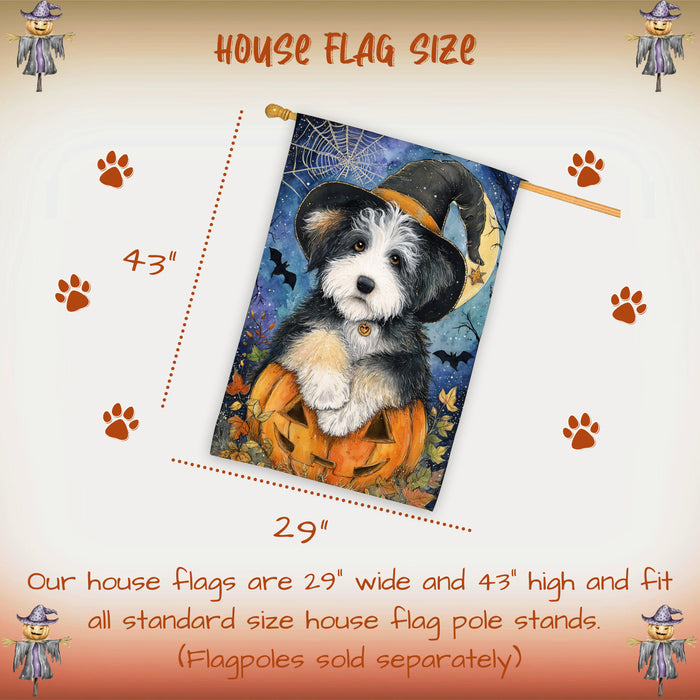 Old English Sheepdog Halloween Witch Hat House Flag 28 x 40 Inch Double Sided Pumpkin Porch Banner for Autumn Home Outdoor Decoration