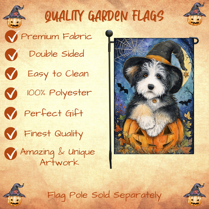 Old English Sheepdog Halloween Garden Flag 12.5 x 18 Inch Witch Hat Pumpkin Outdoor Yard Banner for Fall Lawn Holiday Decoration