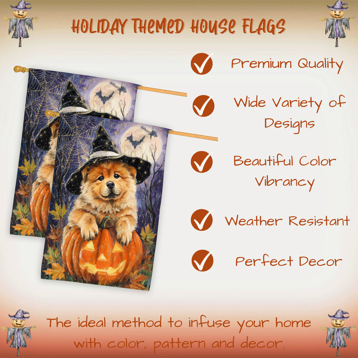 Chow Chow Halloween Witch Hat House Flag 28 x 40 Inch Double Sided Pumpkin Bat Full Moon Porch Banner for Fall Outdoor Home Decoration