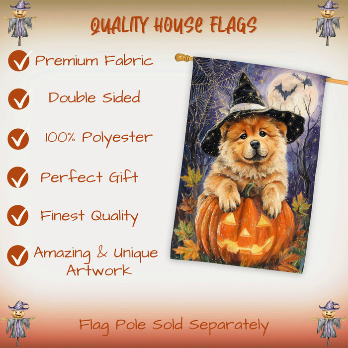 Chow Chow Halloween Witch Hat House Flag 28 x 40 Inch Double Sided Pumpkin Bat Full Moon Porch Banner for Fall Outdoor Home Decoration