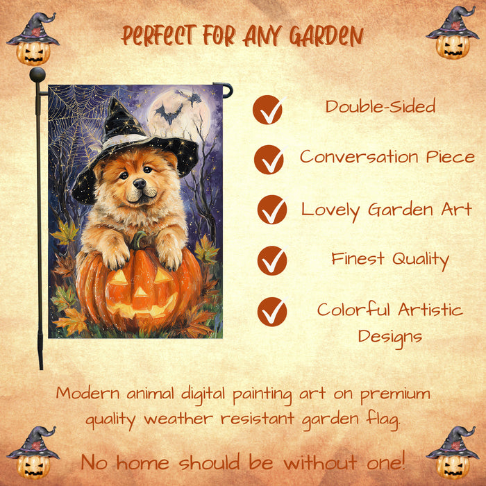 Chow Chow Halloween Witch Hat Garden Flag 12.5 x 18 Inch Pumpkin Full Moon Bat Outdoor Yard Banner for Fall Dog Lover Decoration