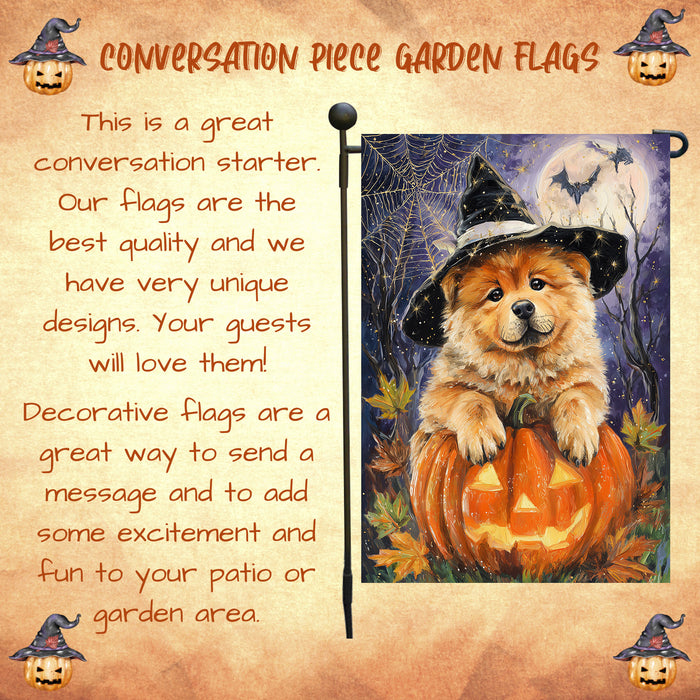 Chow Chow Halloween Witch Hat Garden Flag 12.5 x 18 Inch Pumpkin Full Moon Bat Outdoor Yard Banner for Fall Dog Lover Decoration