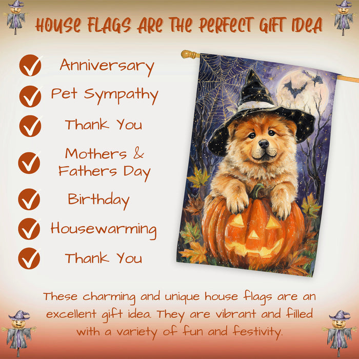 Chow Chow Halloween Witch Hat House Flag 28 x 40 Inch Double Sided Pumpkin Bat Full Moon Porch Banner for Fall Outdoor Home Decoration