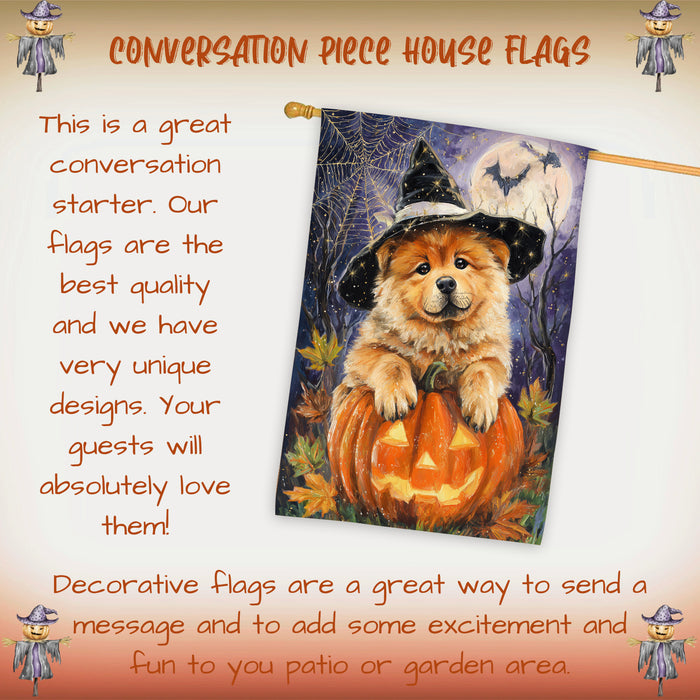 Chow Chow Halloween Witch Hat House Flag 28 x 40 Inch Double Sided Pumpkin Bat Full Moon Porch Banner for Fall Outdoor Home Decoration