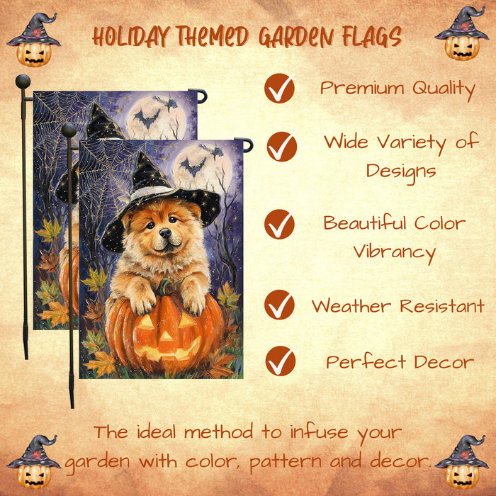 Chow Chow Halloween Witch Hat Garden Flag 12.5 x 18 Inch Pumpkin Full Moon Bat Outdoor Yard Banner for Fall Dog Lover Decoration