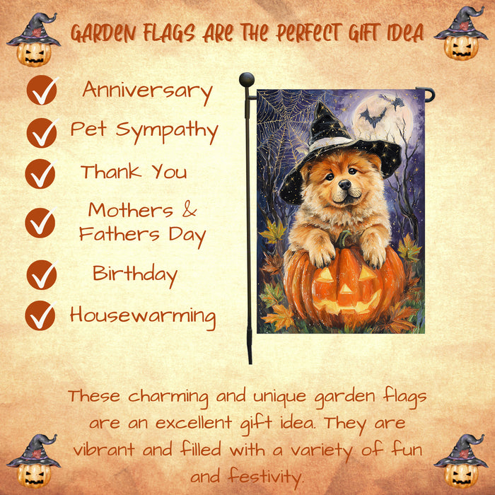 Chow Chow Halloween Witch Hat Garden Flag 12.5 x 18 Inch Pumpkin Full Moon Bat Outdoor Yard Banner for Fall Dog Lover Decoration