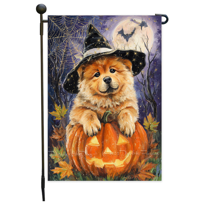 Chow Chow Halloween Witch Hat Garden Flag 12.5 x 18 Inch Pumpkin Full Moon Bat Outdoor Yard Banner for Fall Dog Lover Decoration