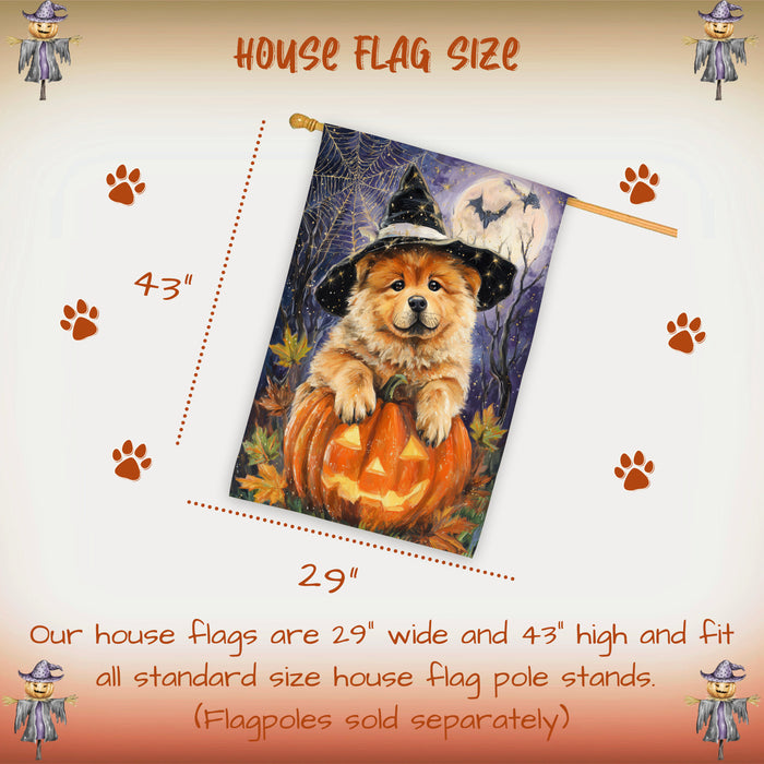 Chow Chow Halloween Witch Hat House Flag 28 x 40 Inch Double Sided Pumpkin Bat Full Moon Porch Banner for Fall Outdoor Home Decoration