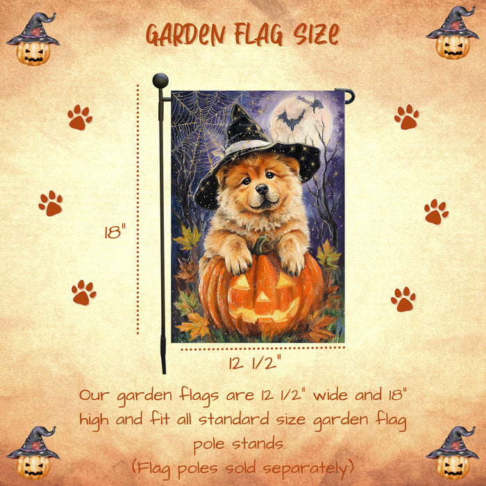 Chow Chow Halloween Witch Hat Garden Flag 12.5 x 18 Inch Pumpkin Full Moon Bat Outdoor Yard Banner for Fall Dog Lover Decoration