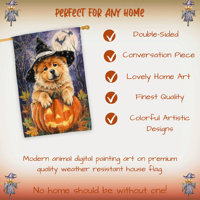 Chow Chow Halloween Witch Hat House Flag 28 x 40 Inch Double Sided Pumpkin Bat Full Moon Porch Banner for Fall Outdoor Home Decoration