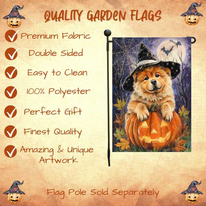 Chow Chow Halloween Witch Hat Garden Flag 12.5 x 18 Inch Pumpkin Full Moon Bat Outdoor Yard Banner for Fall Dog Lover Decoration