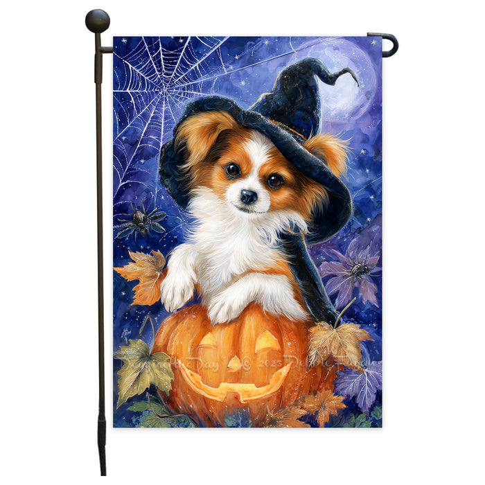 Papillon Dog Halloween Garden Flag 12.5 x 18 Inch Pumpkin Witch Hat Bat Outdoor Yard Banner for Trick or Treat Fall Lawn Decoration