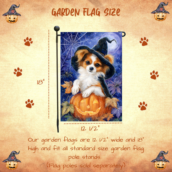 Papillon Dog Halloween Garden Flag 12.5 x 18 Inch Pumpkin Witch Hat Bat Outdoor Yard Banner for Trick or Treat Fall Lawn Decoration