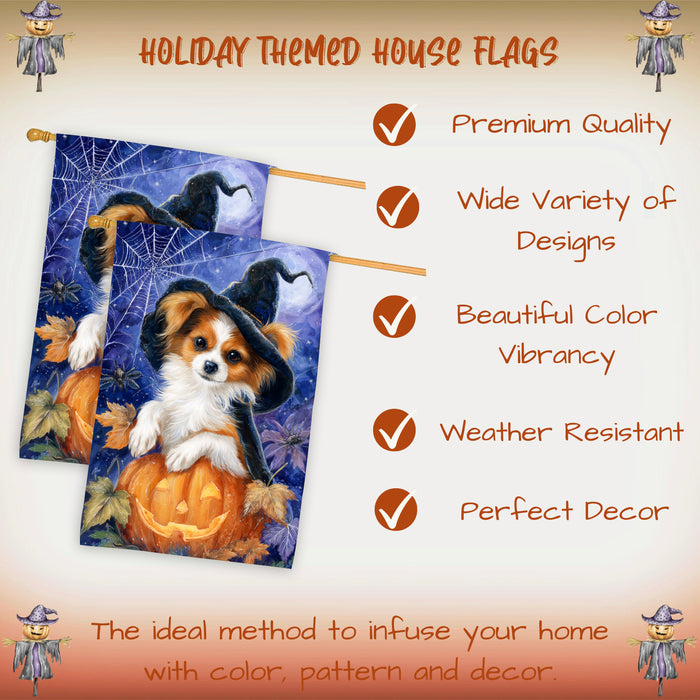 Papillon Dog Halloween Witch Hat House Flag 28 x 40 Inch Double Sided Pumpkin Bat Outdoor Porch Banner for Autumn Dog Lover Decoration