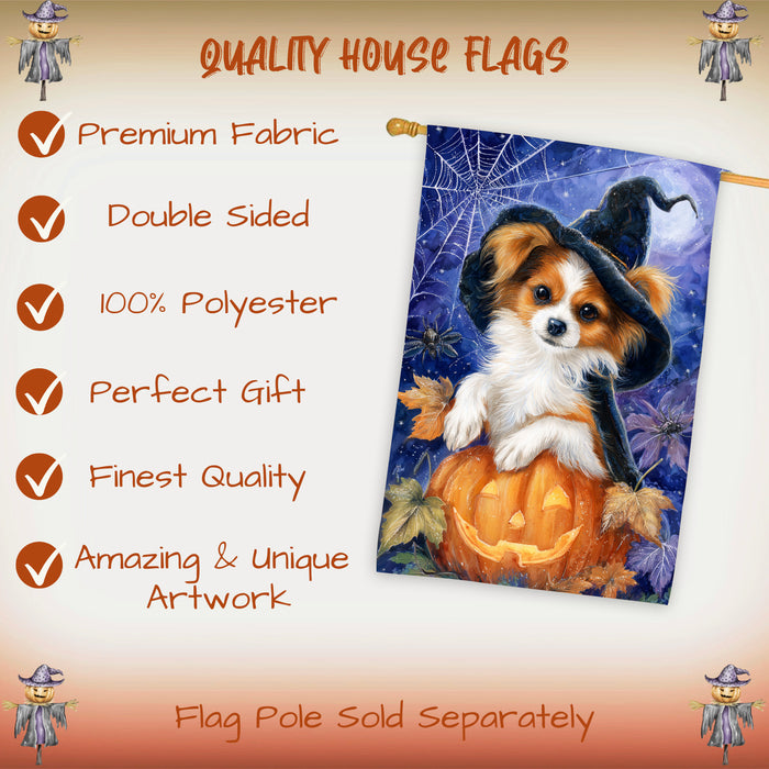 Papillon Dog Halloween Witch Hat House Flag 28 x 40 Inch Double Sided Pumpkin Bat Outdoor Porch Banner for Autumn Dog Lover Decoration
