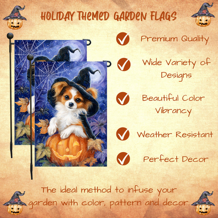 Papillon Dog Halloween Garden Flag 12.5 x 18 Inch Pumpkin Witch Hat Bat Outdoor Yard Banner for Trick or Treat Fall Lawn Decoration