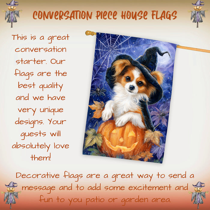 Papillon Dog Halloween Witch Hat House Flag 28 x 40 Inch Double Sided Pumpkin Bat Outdoor Porch Banner for Autumn Dog Lover Decoration
