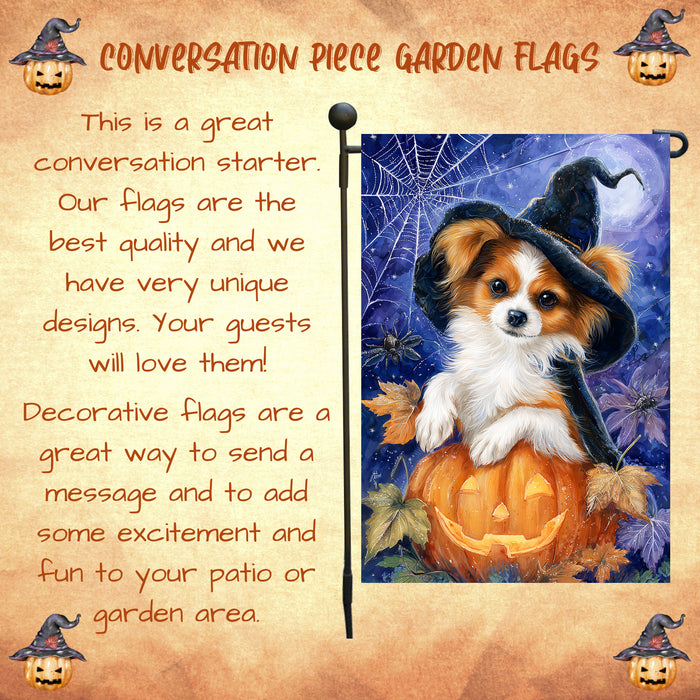 Papillon Dog Halloween Garden Flag 12.5 x 18 Inch Pumpkin Witch Hat Bat Outdoor Yard Banner for Trick or Treat Fall Lawn Decoration