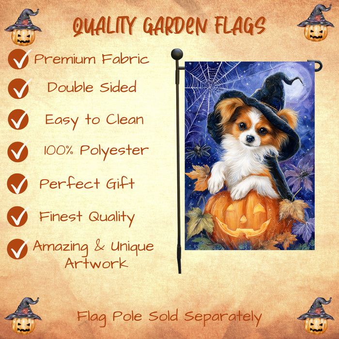 Papillon Dog Halloween Garden Flag 12.5 x 18 Inch Pumpkin Witch Hat Bat Outdoor Yard Banner for Trick or Treat Fall Lawn Decoration