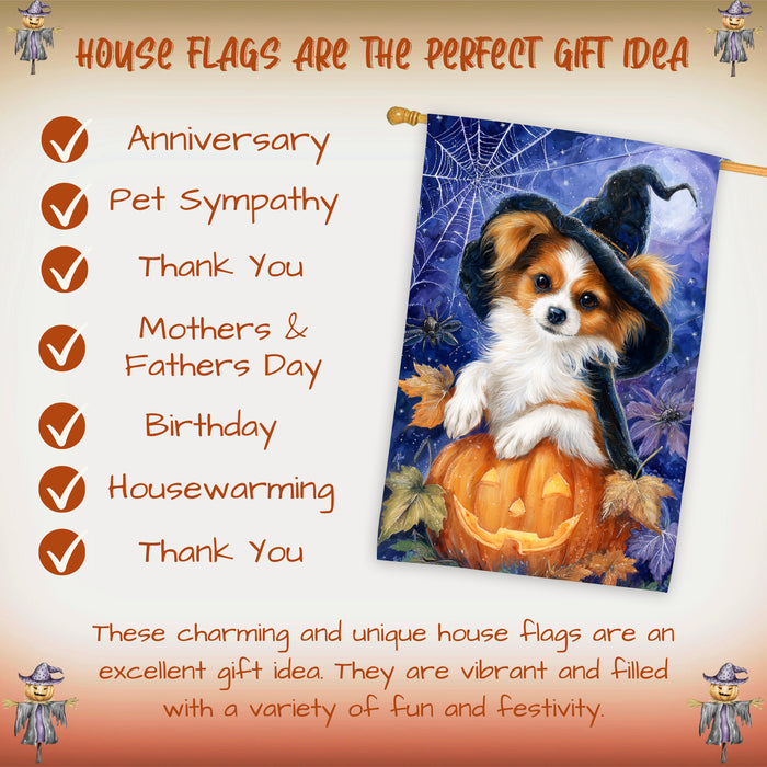 Papillon Dog Halloween Witch Hat House Flag 28 x 40 Inch Double Sided Pumpkin Bat Outdoor Porch Banner for Autumn Dog Lover Decoration