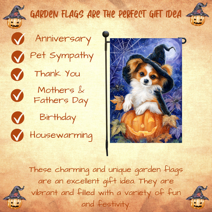 Papillon Dog Halloween Garden Flag 12.5 x 18 Inch Pumpkin Witch Hat Bat Outdoor Yard Banner for Trick or Treat Fall Lawn Decoration