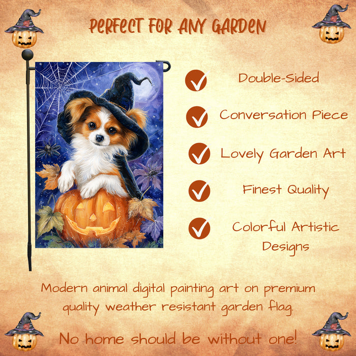 Papillon Dog Halloween Garden Flag 12.5 x 18 Inch Pumpkin Witch Hat Bat Outdoor Yard Banner for Trick or Treat Fall Lawn Decoration