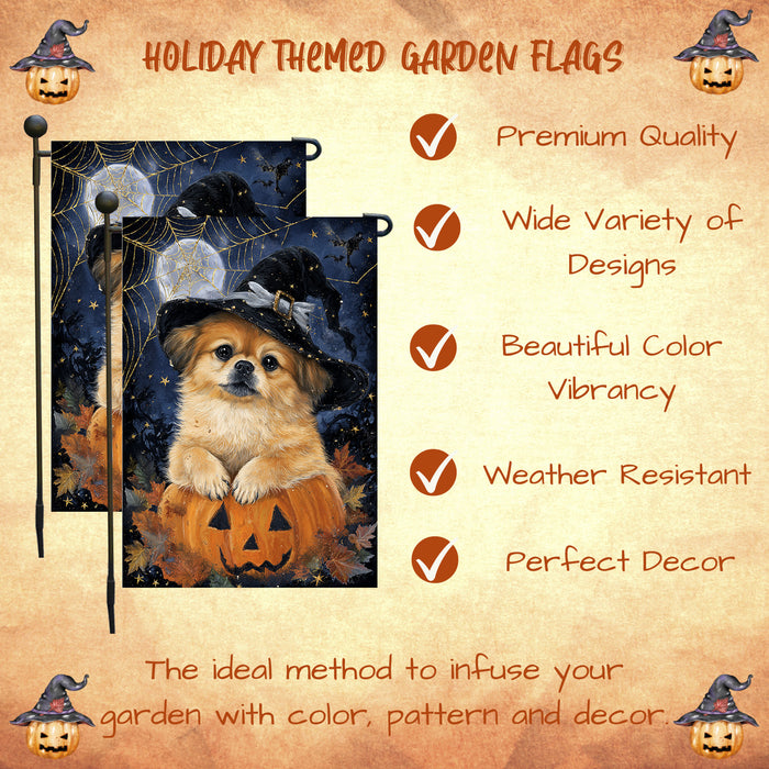 Pekingese Dog Halloween Garden Flag 12.5 x 18 Inch Witch Hat Pumpkin Lantern Outdoor Yard Banner for Fall Porch Lawn Decoration
