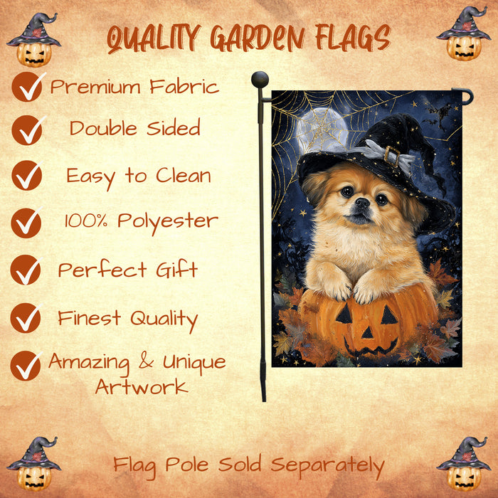 Pekingese Dog Halloween Garden Flag 12.5 x 18 Inch Witch Hat Pumpkin Lantern Outdoor Yard Banner for Fall Porch Lawn Decoration