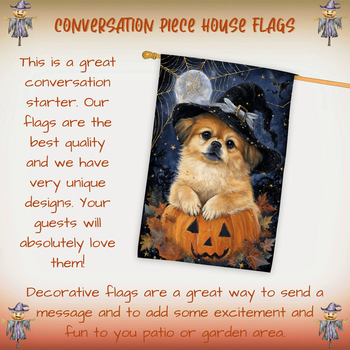 Pekingese Dog Halloween Witch Hat House Flag 28 x 40 Inch Double Sided Pumpkin Lantern Porch Banner for Autumn Home Outdoor Decoration