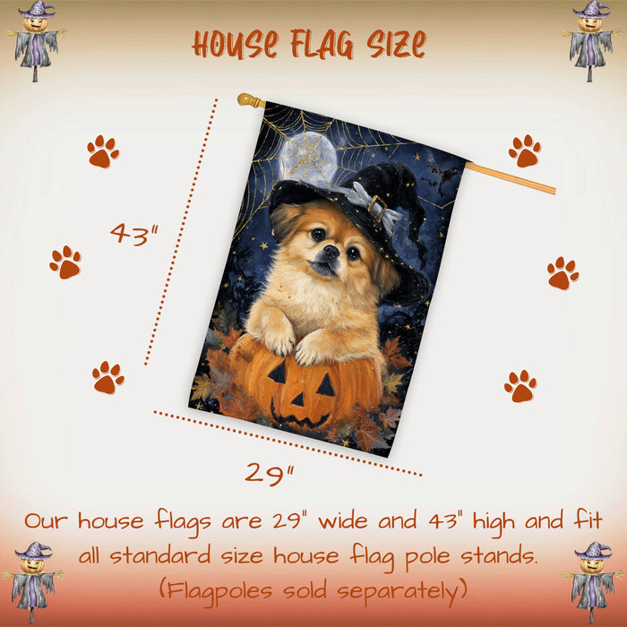 Pekingese Dog Halloween Witch Hat House Flag 28 x 40 Inch Double Sided Pumpkin Lantern Porch Banner for Autumn Home Outdoor Decoration