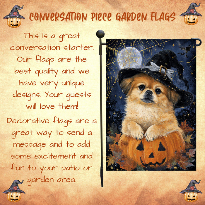 Pekingese Dog Halloween Garden Flag 12.5 x 18 Inch Witch Hat Pumpkin Lantern Outdoor Yard Banner for Fall Porch Lawn Decoration