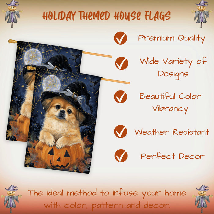 Pekingese Dog Halloween Witch Hat House Flag 28 x 40 Inch Double Sided Pumpkin Lantern Porch Banner for Autumn Home Outdoor Decoration